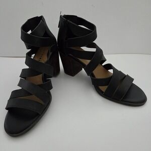 Lucky Brand‎ Black Leather Strappy Zipper Block Heel Sandals Womens 8M